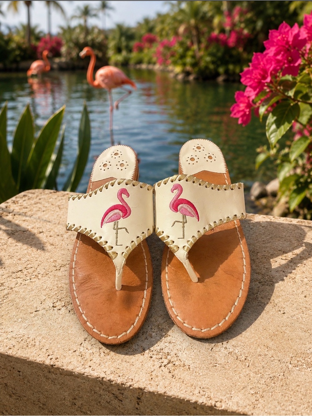Jack Rogers white Leather Sandals with Pink Flamingo Embroidery size 7